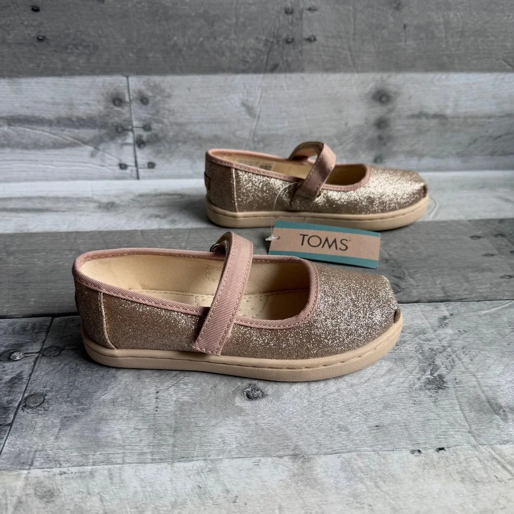 TOMS Toddler Rose Gold Glitter Mary Jane Flats Hook Loop Strap Size 9